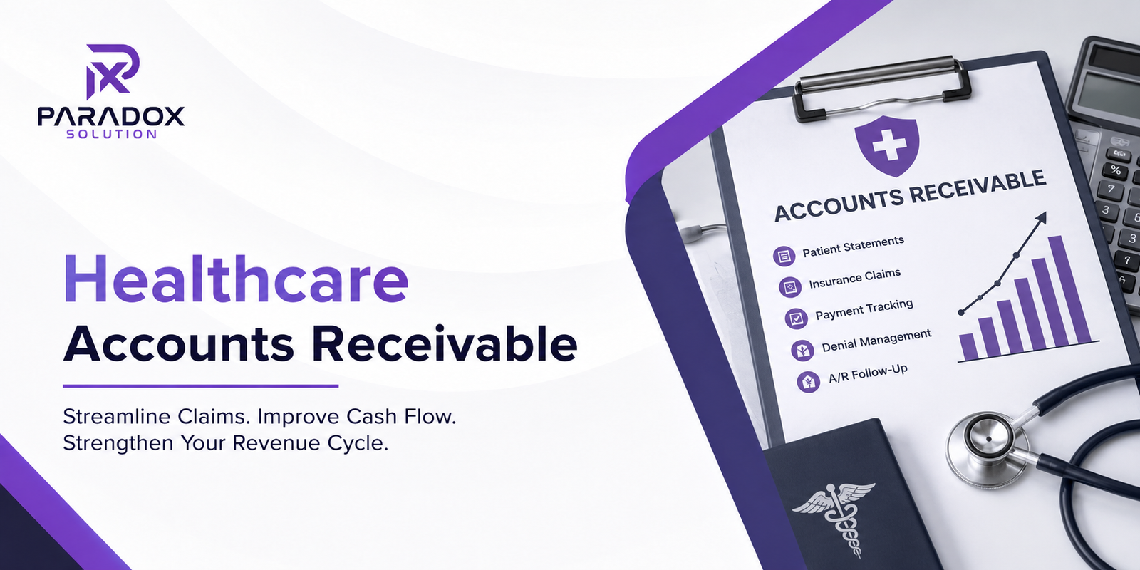 Healthcare Accounts Receivable management featuring medical billing, insurance claims, payment tracking, denial management, and improved cash flow.