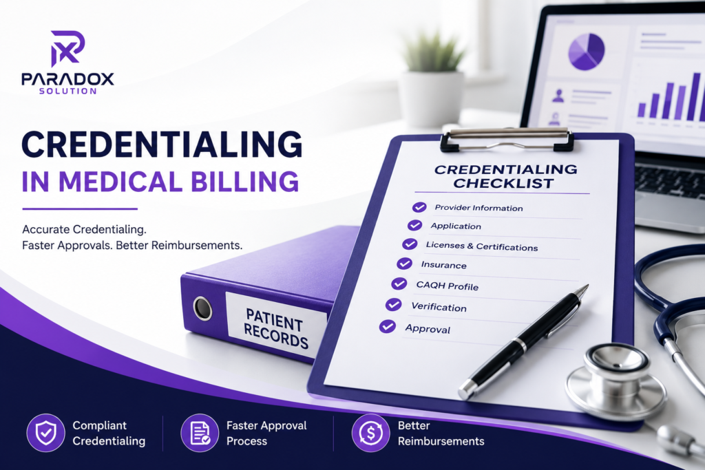 Credentialing in Medical Billing feature image with Paradox Solution branding, showing a provider credentialing checklist, patient records, laptop, stethoscope, and medical billing icons in a clean purple and navy design.