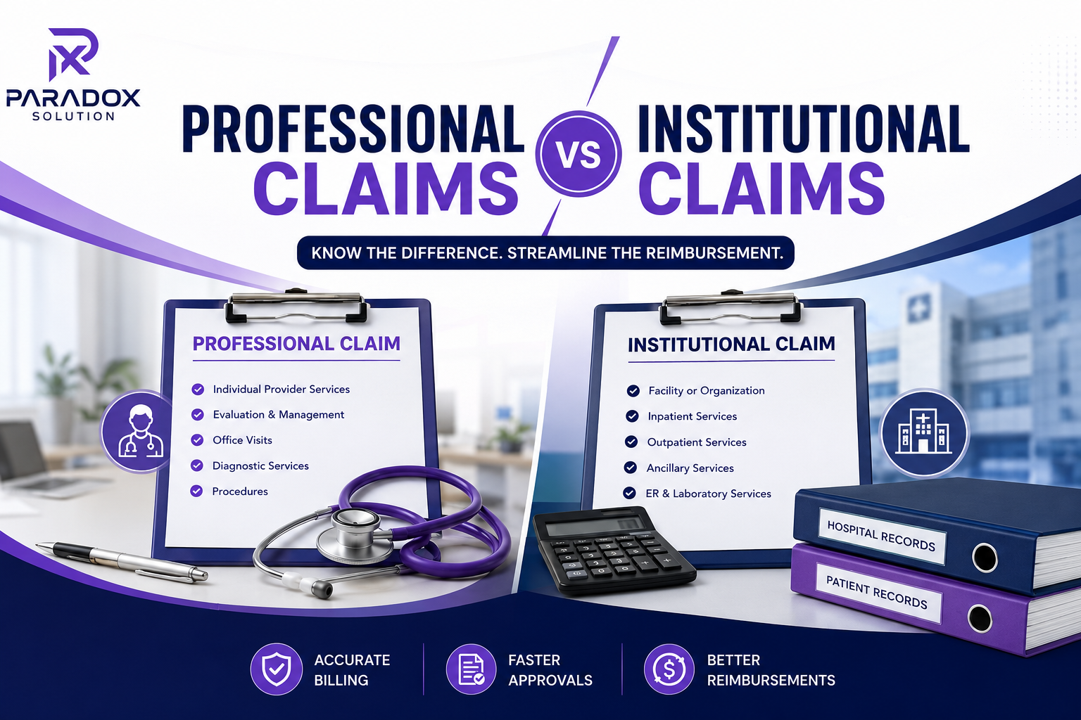 Professional Claims vs Institutional Claims comparison infographic featuring the Paradox Solution logo, two medical billing checklists, healthcare office visuals, patient record binders, stethoscope, calculator, and icons highlighting accurate billing, faster approvals, and better reimbursements in a purple and navy corporate design.