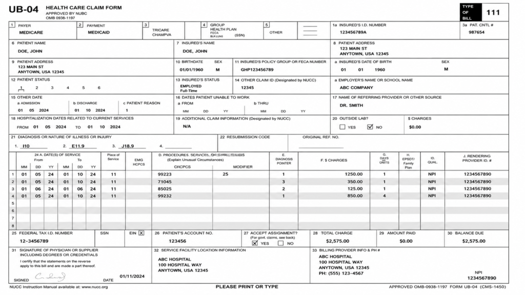 High resolution UB 04 institutional medical claim form displaying patient information, admission and discharge details, revenue codes, diagnosis codes, insurance information, facility charges, provider details, and billing fields used for hospital and healthcare facility insurance claims.
