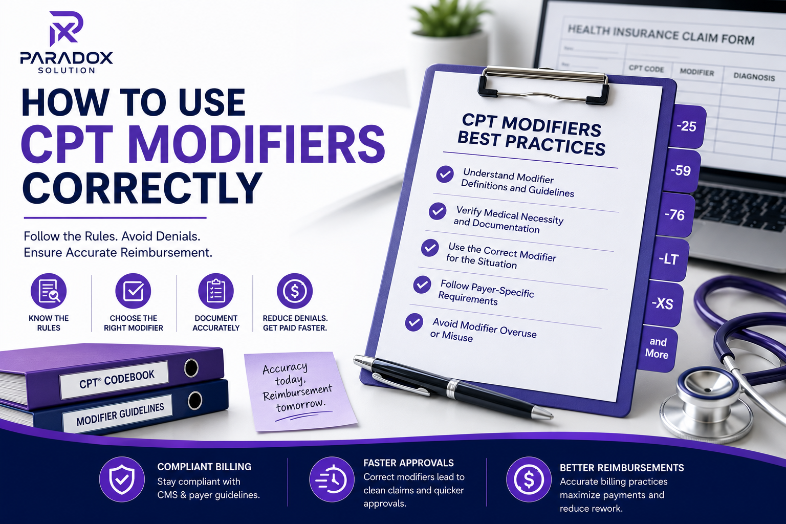 Feature image for "How to Use CPT Modifiers Correctly" showing the Paradox Solution logo, a CPT modifiers best practices checklist on a clipboard, medical billing claim form on a laptop, CPT codebook, modifier guidelines binder, stethoscope, and compliance icons in a professional purple and navy healthcare billing theme.