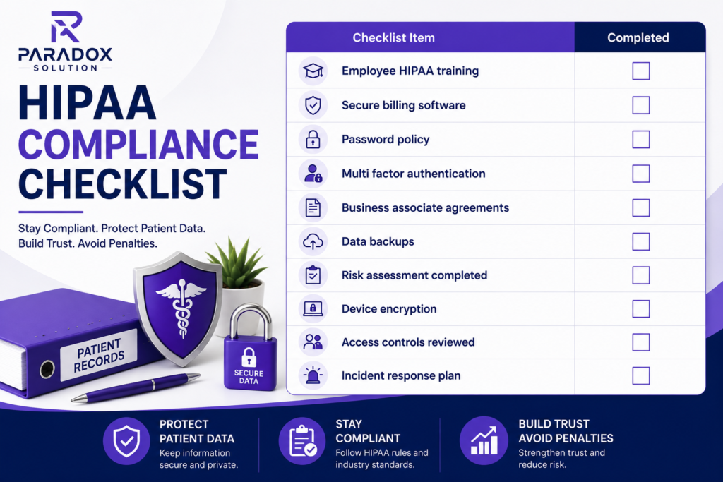 HIPAA Compliance Checklist infographic featuring the official Paradox Solution logo, a purple and navy healthcare themed checklist with security icons, patient records binder, medical shield, secure data padlock, and compliance benefits focused on protecting patient data, staying HIPAA compliant, and avoiding penalties.