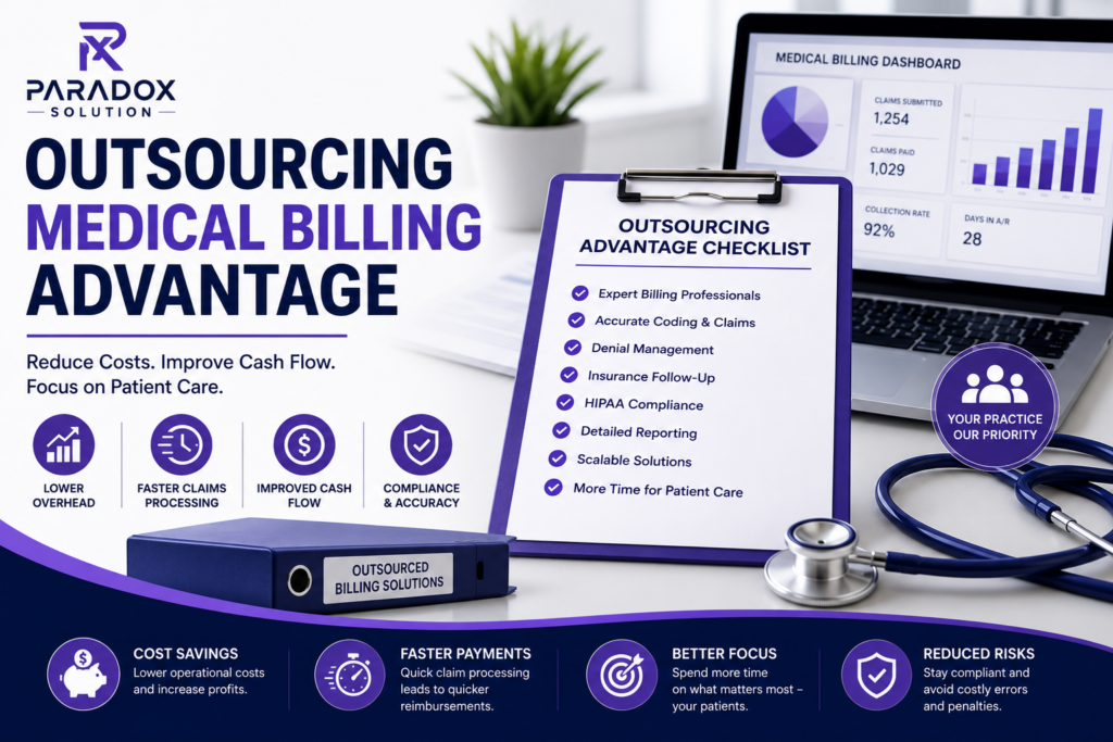 Outsourcing Medical Billing Advantage feature image showing the official Paradox Solution logo, a medical billing dashboard, outsourcing advantage checklist on a clipboard, outsourced billing solutions binder, stethoscope, and healthcare icons highlighting lower costs, faster claims processing, improved cash flow, compliance, and better patient care in a purple and navy corporate design.