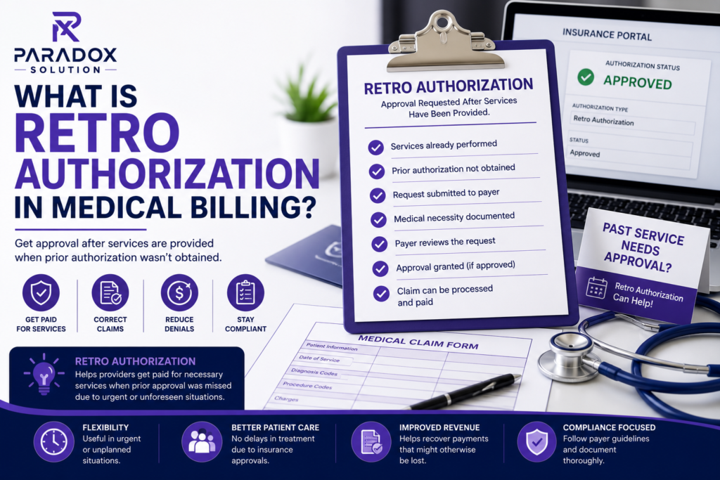 What Is Retro Authorization in Medical Billing feature image showing the official Paradox Solution logo, a retro authorization checklist on a clipboard, insurance approval portal, medical claim form, stethoscope, and healthcare billing icons illustrating claim approval after services, reduced denials, improved reimbursement, and compliance in a purple and navy corporate design.