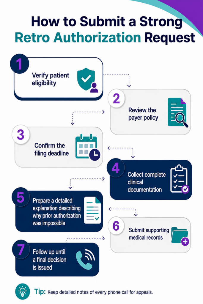 Infographic showing seven steps to submit a strong retro authorization request, including patient eligibility verification, payer policy review, filing deadline confirmation, clinical documentation collection, supporting medical records submission, and follow up until a final decision is issued.