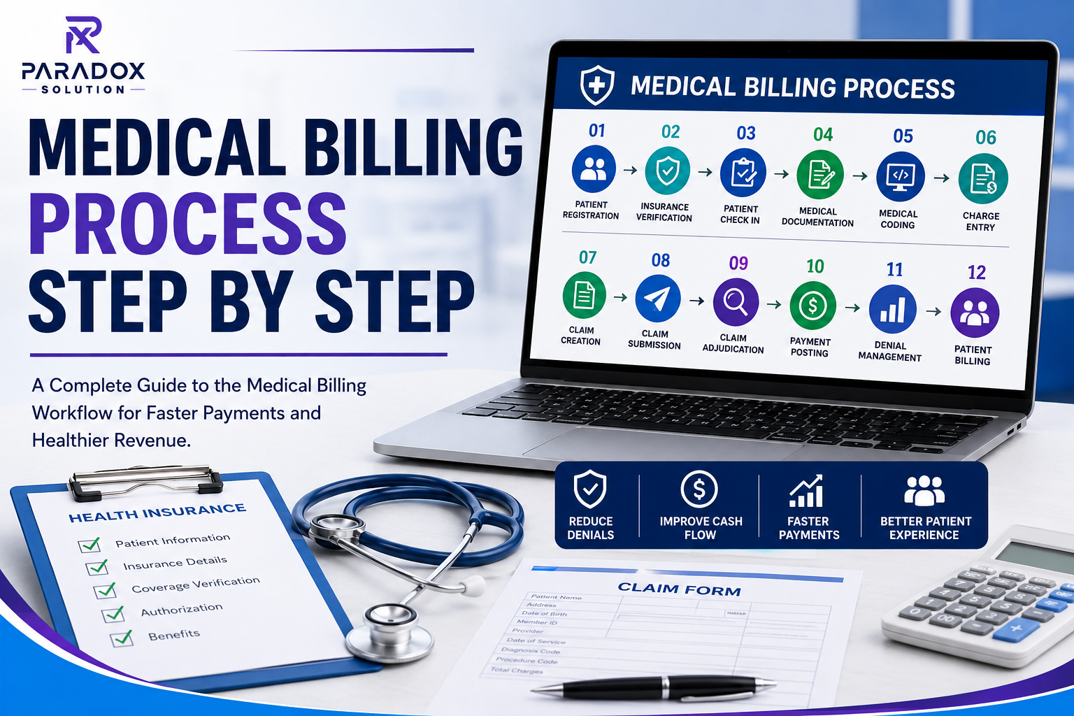 Medical Billing Process Step by Step infographic showing the complete healthcare billing workflow from patient registration and insurance verification to claim submission, payment posting, denial management, and patient billing with medical office graphics.