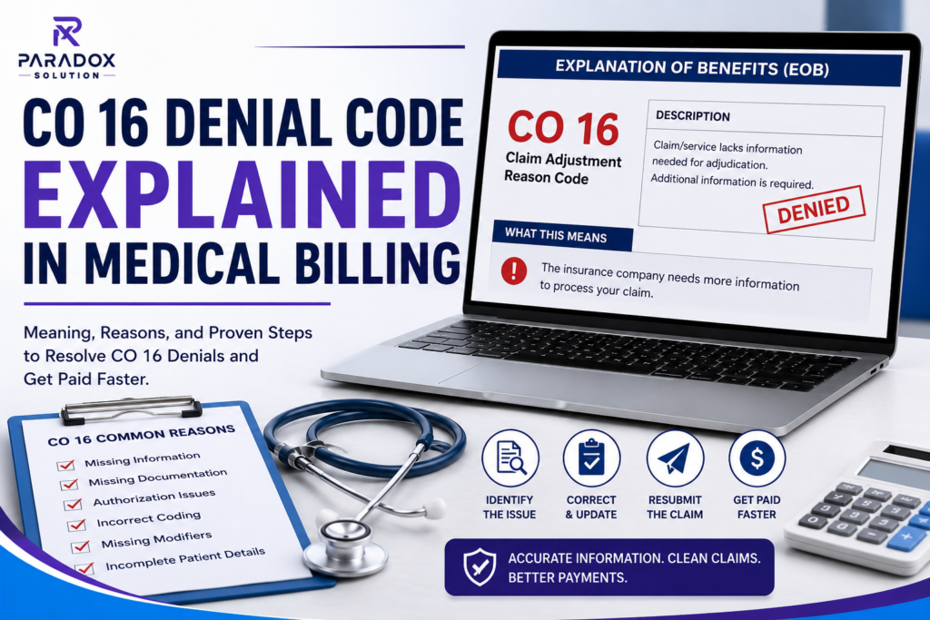 CO 16 Denial Code Explained in Medical Billing with an Explanation of Benefits (EOB), denial reasons, claim correction workflow, and healthcare billing office setup.