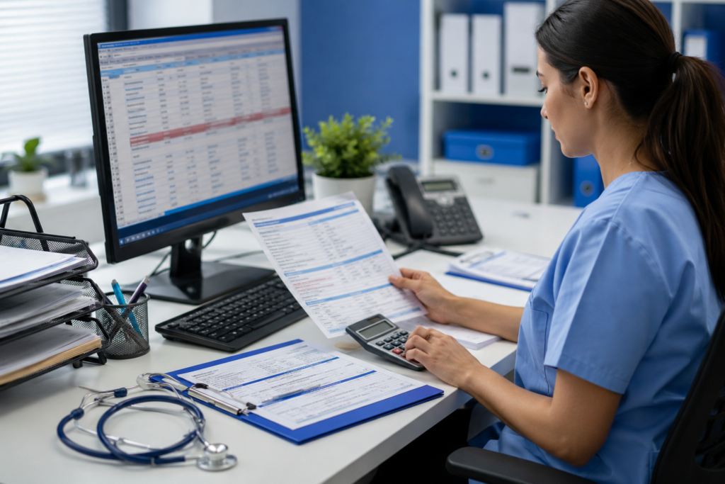 Medical billing specialist reviewing a denied insurance claim at a desktop computer in a modern healthcare office with printed medical claim forms, an explanation of benefits document, calculator, keyboard, stethoscope, and organized paperwork on a clean blue and white workspace.