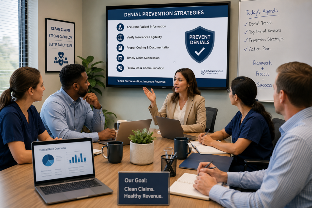 Healthcare revenue cycle team meeting discussing denial prevention strategies with staff reviewing claim data, coding accuracy, insurance verification, and revenue cycle performance in a modern office conference room.