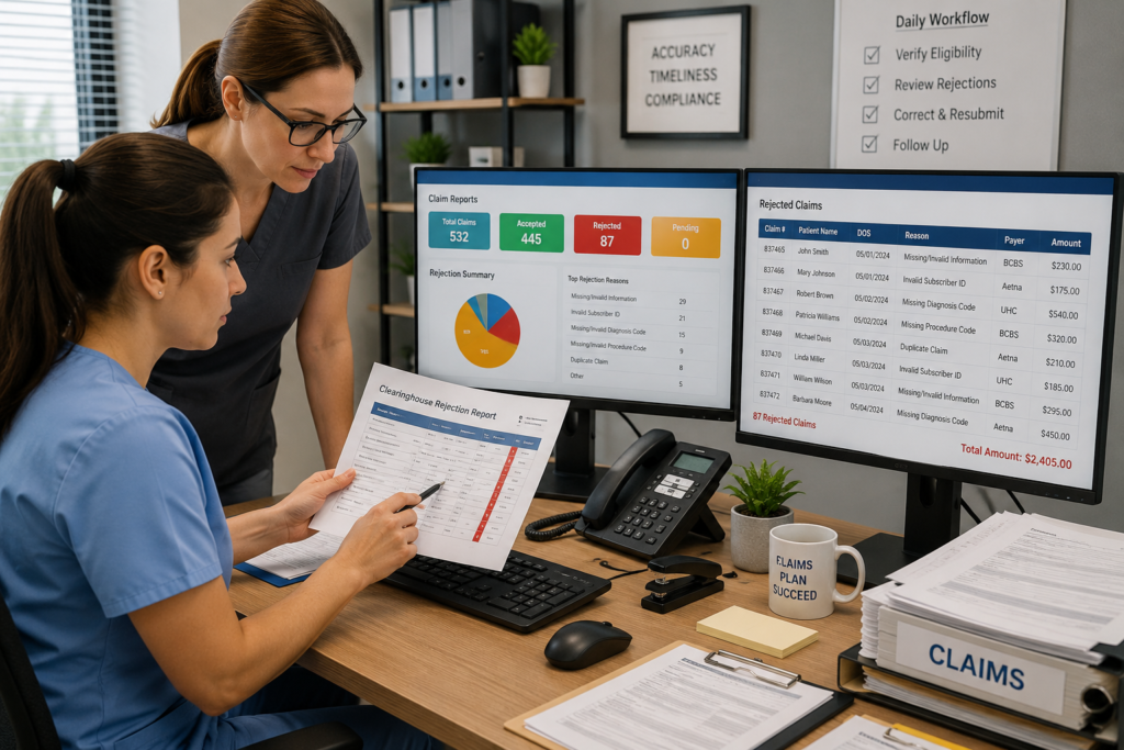 Medical billing staff reviewing clearinghouse rejection reports on dual monitors to identify claim errors and prevent CO 29 timely filing denials.