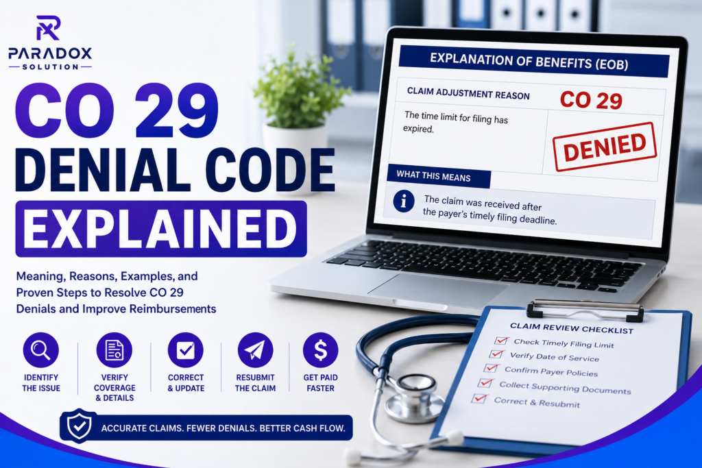 CO 29 Denial Code Explained feature image showing a denied medical claim, timely filing limit expired EOB, claim review checklist, stethoscope, laptop, and medical billing workflow.