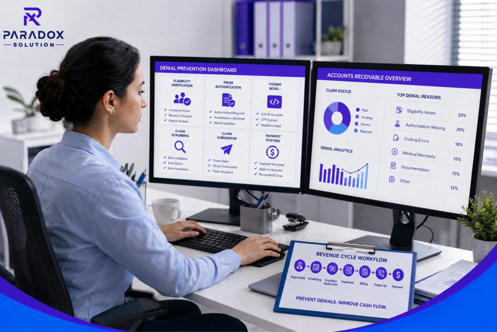 Medical billing specialist reviewing denial prevention strategies and healthcare revenue cycle workflows on dual computer monitors.