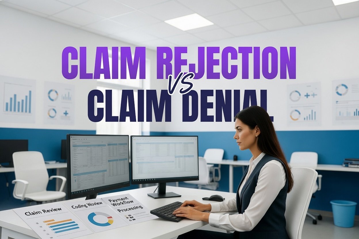 A professional woman in business attire working at a desk with dual monitors in a modern office. Large purple and navy text overlay in the center reads 'CLAIM REJECTION VS CLAIM DENIAL'. The scene includes charts, documents labeled 'Claim Review', 'Coding Review', and 'Payment Workflow Processing' on the desk.