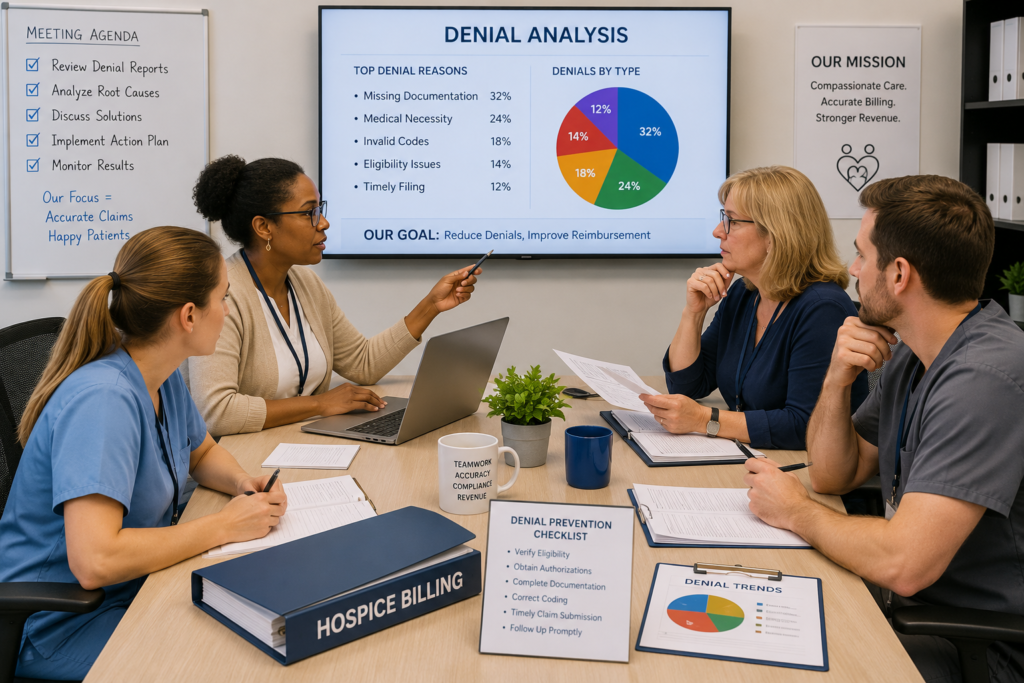Medical billing team reviewing denied Medicare hospice claims during a denial prevention meeting to improve documentation accuracy, coding compliance, and claim reimbursement.