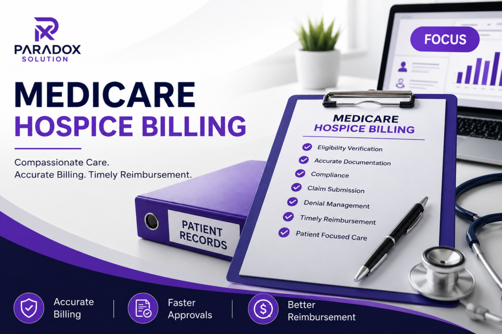 Medicare Hospice Billing feature image showing a professional healthcare office with patient records, billing checklist, laptop dashboard, and medical equipment in a purple and white Paradox Solution inspired color scheme.