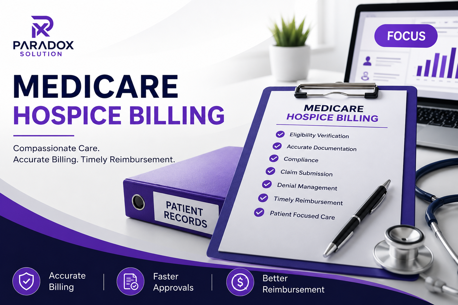 Medicare Hospice Billing feature image showing a professional healthcare office with patient records, billing checklist, laptop dashboard, and medical equipment in a purple and white Paradox Solution inspired color scheme.