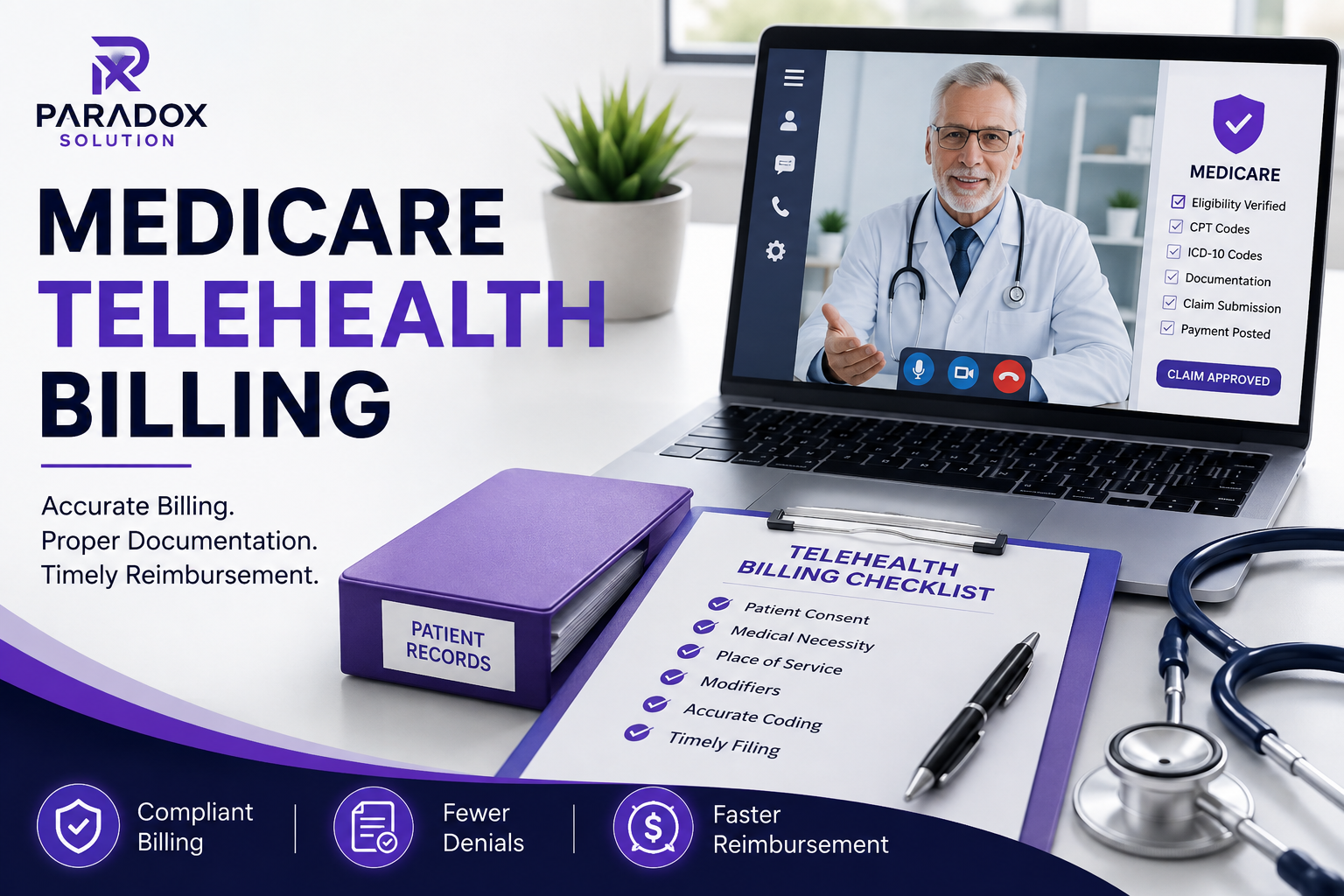 Medicare Telehealth Billing feature image showing a virtual doctor consultation on a laptop, telehealth billing checklist, patient records binder, stethoscope, and medical billing workspace highlighting accurate documentation, compliant claim submission, fewer denials, and faster Medicare reimbursement.