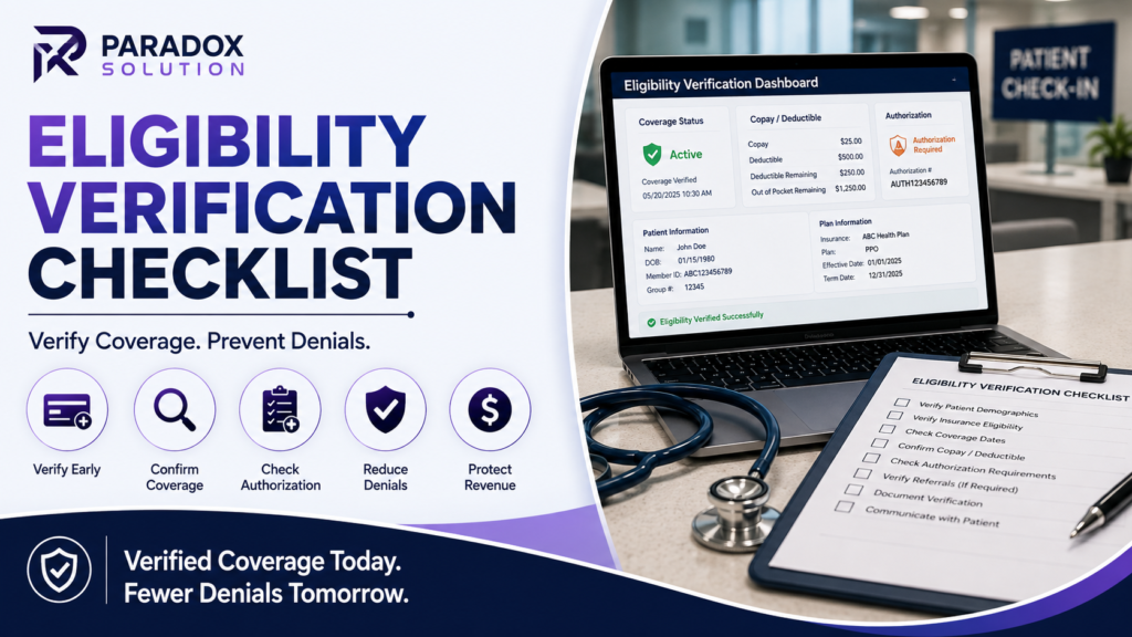 Eligibility Verification Checklist for medical billing showing verified insurance coverage, copay, deductible, authorization, and denial prevention by Paradox Solution
