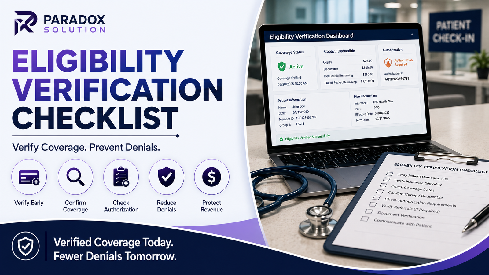 Eligibility Verification Checklist for medical billing showing verified insurance coverage, copay, deductible, authorization, and denial prevention by Paradox Solution
