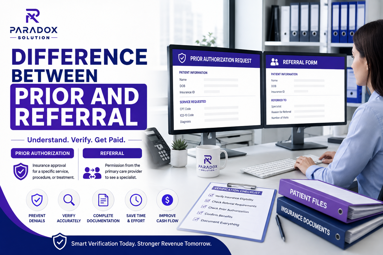 Difference Between Prior and Referral infographic showing a medical billing specialist reviewing prior authorization requests and referral forms during insurance verification in a healthcare office.