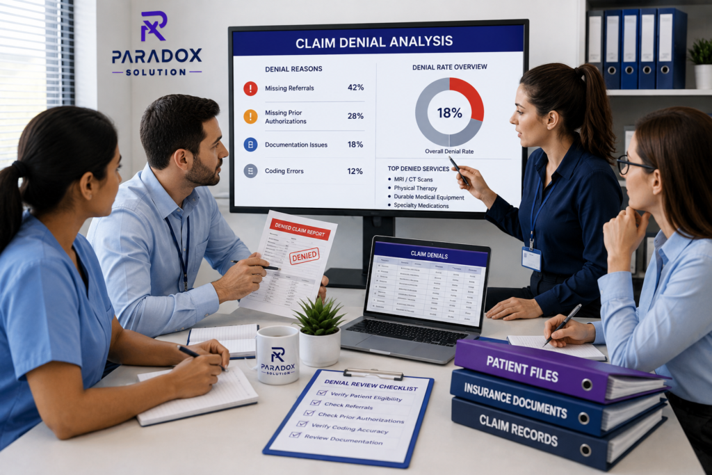Healthcare billing team reviewing insurance claim denials caused by missing referrals and prior authorizations during a revenue cycle management meeting.