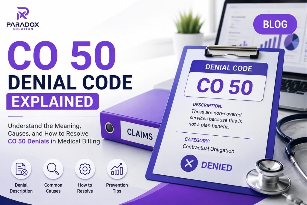 Professional feature image for 'CO 50 Denial Code Explained' in medical billing, featuring a purple-themed healthcare office with a clipboard labeled CO 50 denial code, claims binder, laptop, stethoscope, and blog banner representing denial causes, resolution, and prevention.