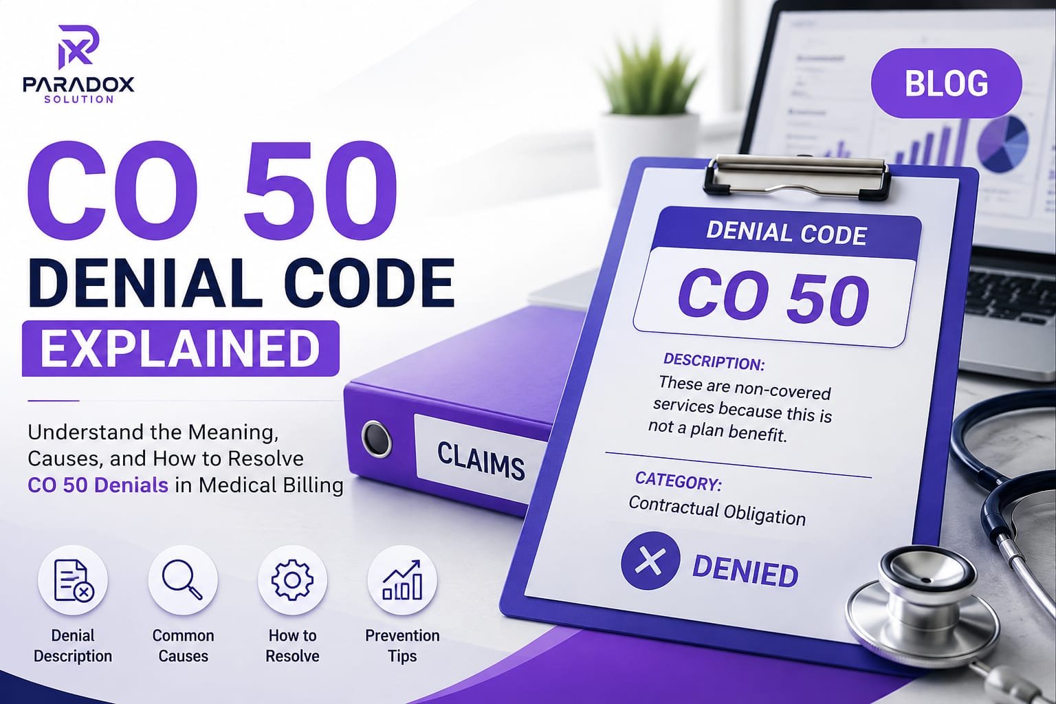 Professional feature image for 'CO 50 Denial Code Explained' in medical billing, featuring a purple-themed healthcare office with a clipboard labeled CO 50 denial code, claims binder, laptop, stethoscope, and blog banner representing denial causes, resolution, and prevention.