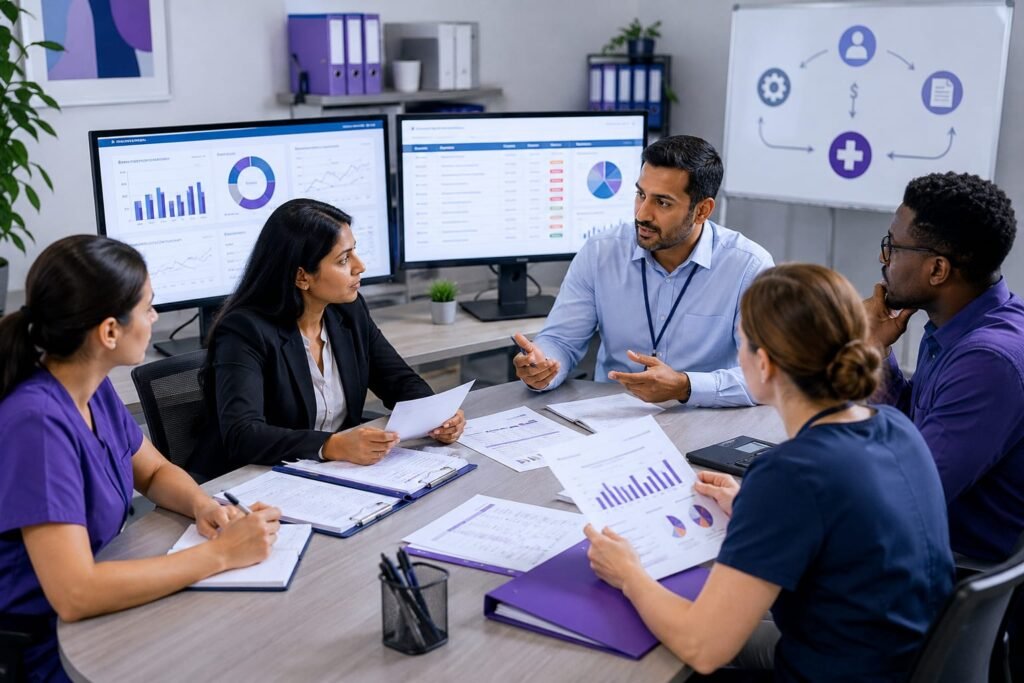 Healthcare billing team reviewing CO 50 insurance denial claims during a revenue cycle management meeting, analyzing billing reports and claim data in a modern medical billing office.