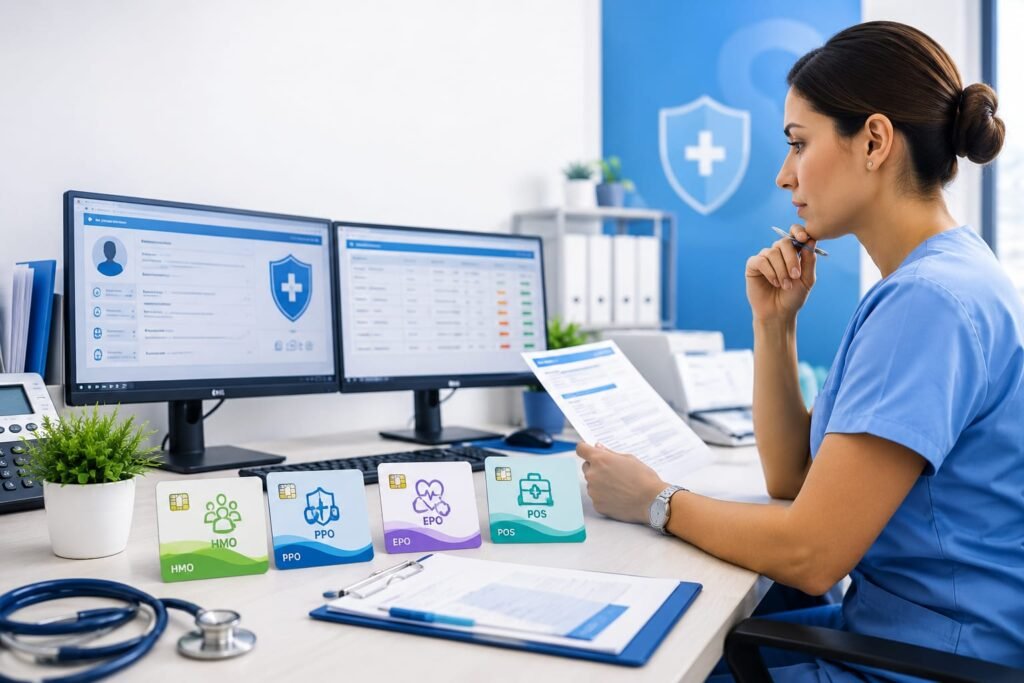 Medical billing specialist comparing HMO, PPO, EPO, and POS health insurance plans on dual monitors during patient eligibility verification in a modern healthcare office before claim submission.