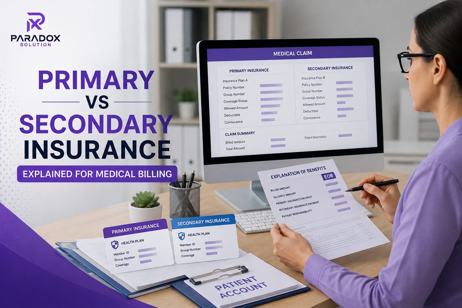 Primary vs Secondary Insurance — medical billing specialist comparing primary and secondary insurance coverage with insurance cards and an EOB.