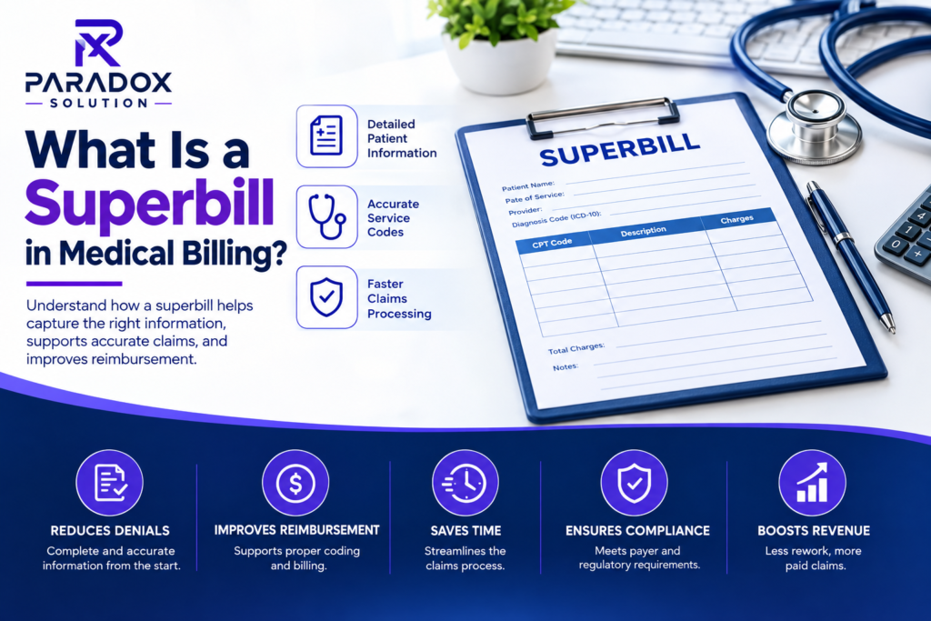 What Is a Superbill in Medical Billing? — Paradox Solution infographic showing a medical superbill with patient information, service codes, claims processing, and benefits including reduced denials, improved reimbursement, time savings, compliance, and increased revenue.