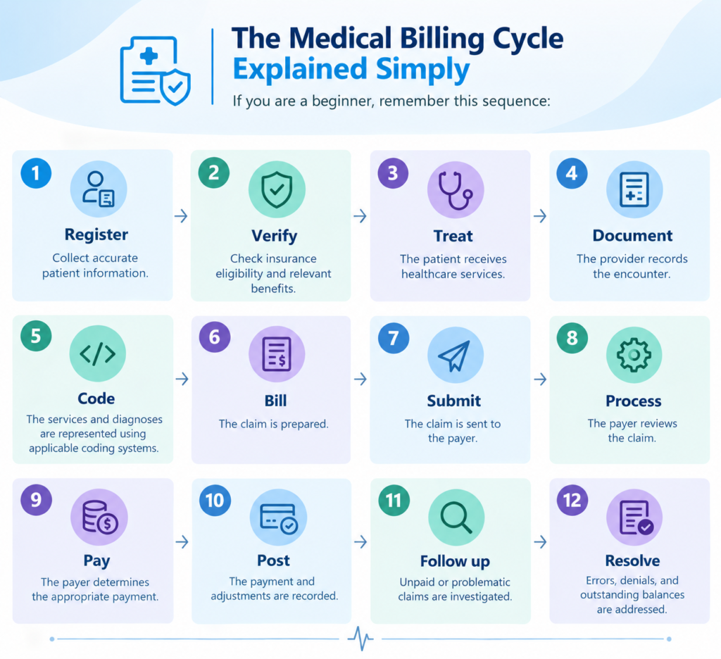 Medical billing cycle infographic showing 12 steps from patient registration and insurance verification through treatment, coding, claim submission, payment posting, follow up, and claim resolution.