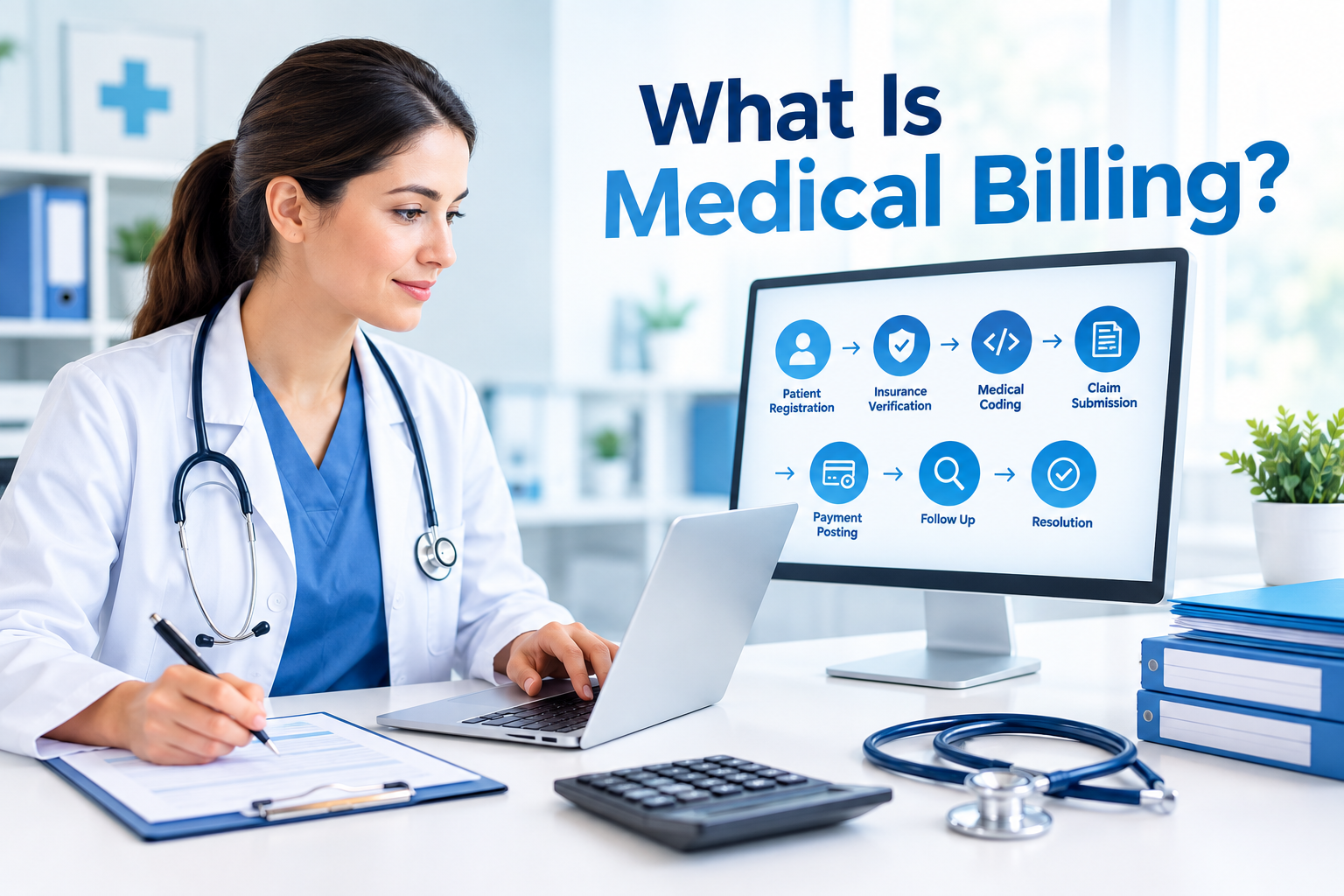 What Is Medical Billing? Professional healthcare billing workflow showing patient registration, insurance verification, medical coding, claim submission, payment posting, follow-up, and resolution.
