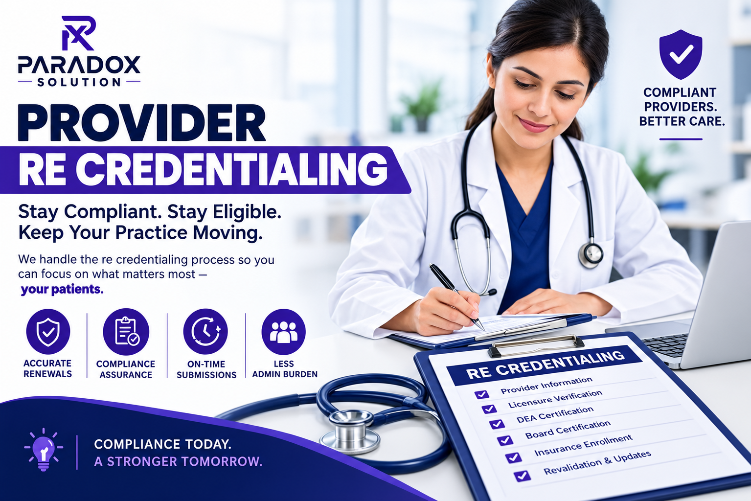 Provider re credentialing services featuring a doctor reviewing a credentialing checklist for compliance, license verification, and timely renewals by Paradox Solution.