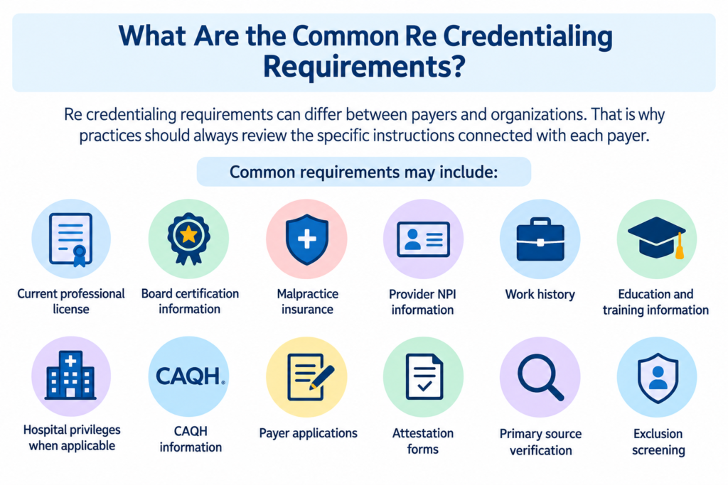 Infographic titled “What Are the Common Re-Credentialing Requirements?” explaining that requirements vary by payer and organization. It lists 12 common requirements: current professional license, board certification, malpractice insurance, provider NPI information, work history, education and training, hospital privileges, CAQH information, payer applications, attestation forms, primary source verification, and exclusion screening. Each requirement is illustrated with a simple healthcare-related icon in a blue, green, purple, or pastel-colored circle.