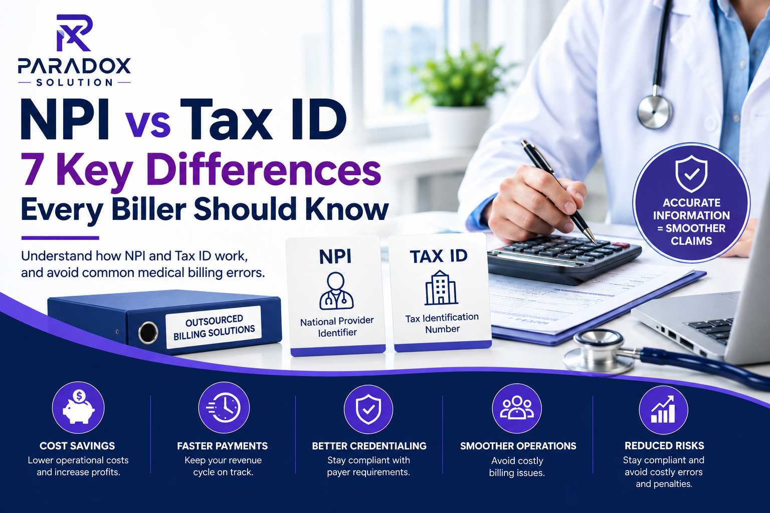 NPI vs Tax ID: 7 key differences in medical billing, with a healthcare professional reviewing billing information and Paradox Solution branding.