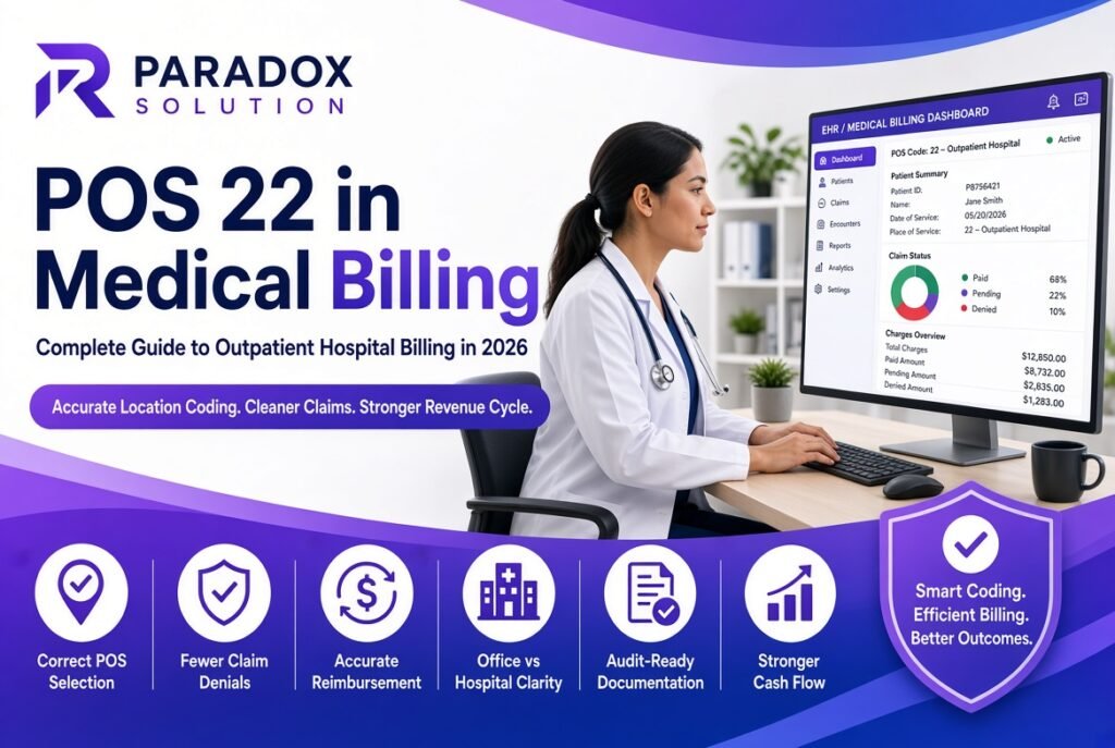 Professional medical billing feature image for Paradox Solution. Clean white background with purple-to-blue gradient waves. Top-left: Paradox Solution logo. Large bold title “POS 22 in Medical Billing” with subtitle “Complete Guide to Outpatient Hospital Billing in 2026”. Purple banner tagline: “Accurate Location Coding. Cleaner Claims. Stronger Revenue Cycle.” Right side shows a female healthcare professional in a white coat with stethoscope sitting at a desk, working on a computer that displays an EHR/medical billing dashboard titled “POS Code: 22 – Outpatient Hospital” with patient summary, claim status pie chart, and charges overview. Bottom dark purple section contains six icons labeled: Correct POS Selection, Fewer Claim Denials, Accurate Reimbursement, Office vs Hospital Clarity, Audit-Ready Documentation, Stronger Cash Flow. Shield badge on the right reads “Smart Coding. Efficient Billing. Better Outcomes.”