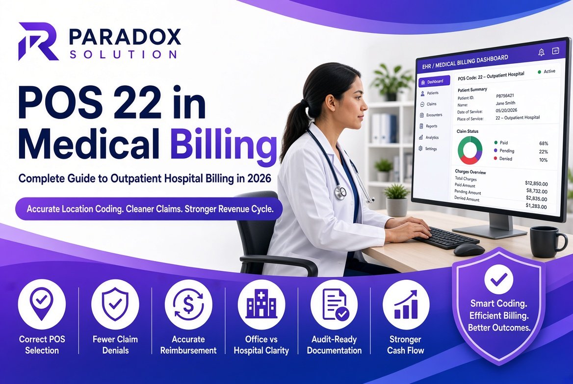 Professional medical billing feature image for Paradox Solution. Clean white background with purple-to-blue gradient waves. Top-left: Paradox Solution logo. Large bold title “POS 22 in Medical Billing” with subtitle “Complete Guide to Outpatient Hospital Billing in 2026”. Purple banner tagline: “Accurate Location Coding. Cleaner Claims. Stronger Revenue Cycle.” Right side shows a female healthcare professional in a white coat with stethoscope sitting at a desk, working on a computer that displays an EHR/medical billing dashboard titled “POS Code: 22 – Outpatient Hospital” with patient summary, claim status pie chart, and charges overview. Bottom dark purple section contains six icons labeled: Correct POS Selection, Fewer Claim Denials, Accurate Reimbursement, Office vs Hospital Clarity, Audit-Ready Documentation, Stronger Cash Flow. Shield badge on the right reads “Smart Coding. Efficient Billing. Better Outcomes.”