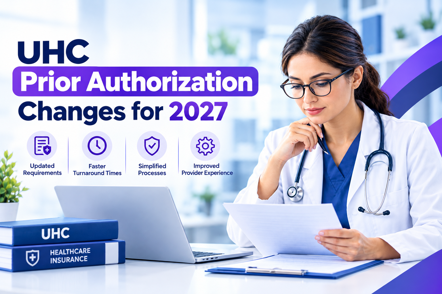 UHC Prior Authorization Changes for 2027 featuring a healthcare professional reviewing medical documents beside a laptop, with navy blue and purple accents and icons representing updated requirements, faster turnaround times, simplified processes, and improved provider experience.