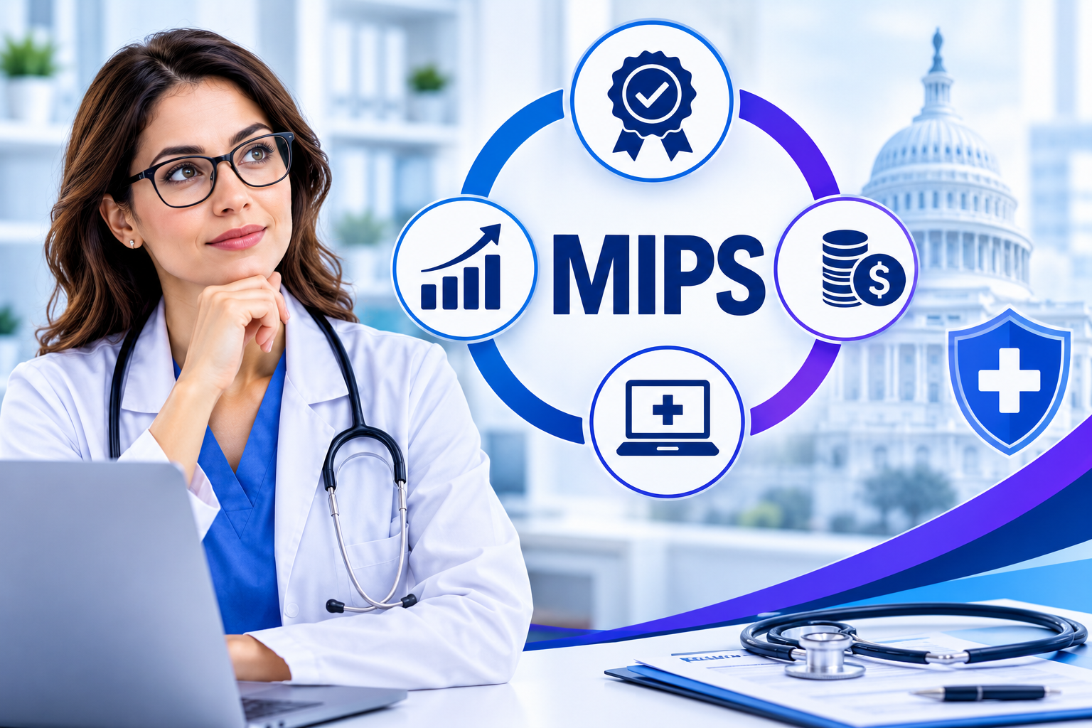 What Is MIPS in Healthcare and Its Effects, featuring a doctor and icons representing quality performance, healthcare costs, and health information technology.