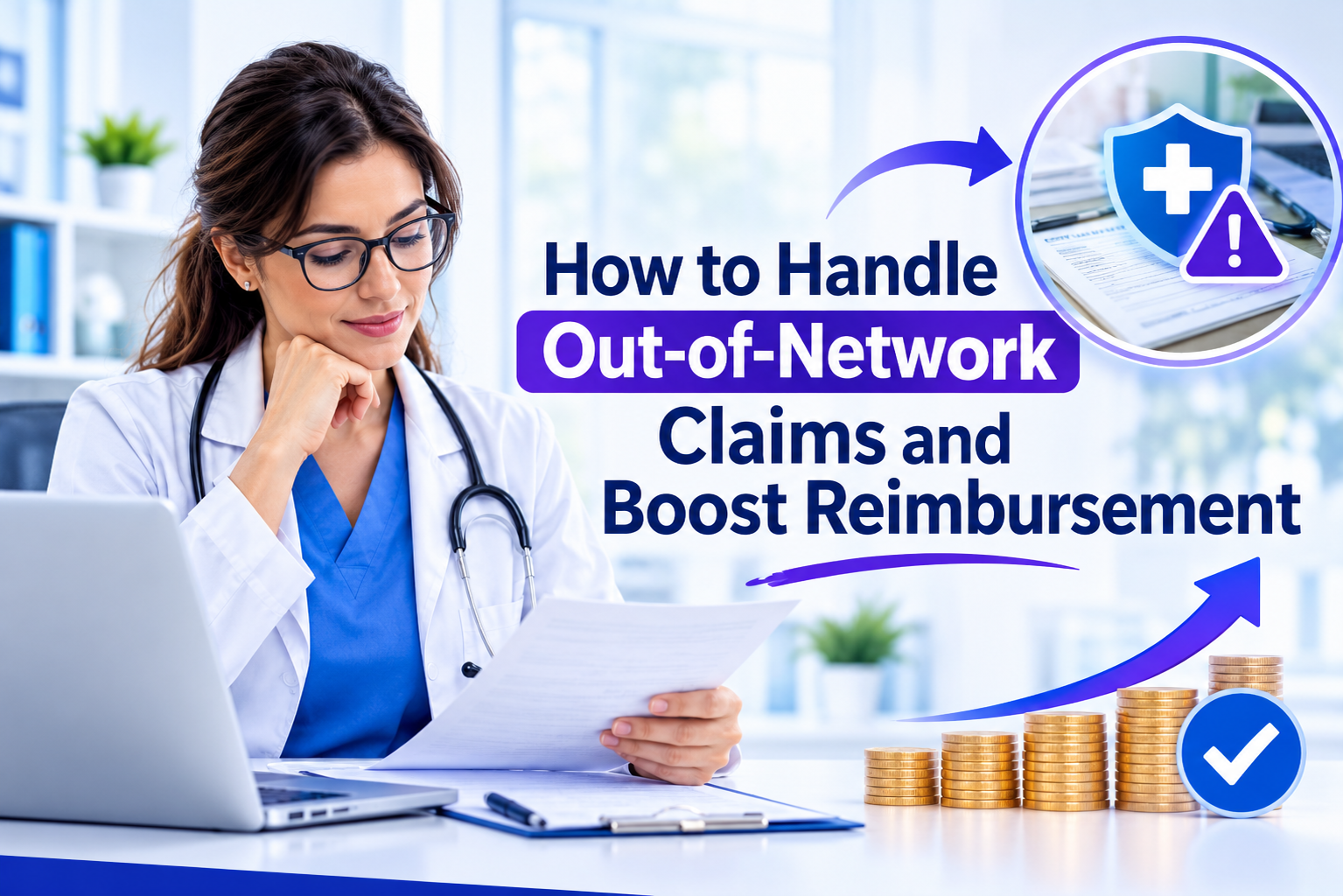 How to Handle Out-of-Network Claims and Boost Reimbursement with healthcare claims paperwork, insurance approval symbols, and increasing reimbursement revenue.
