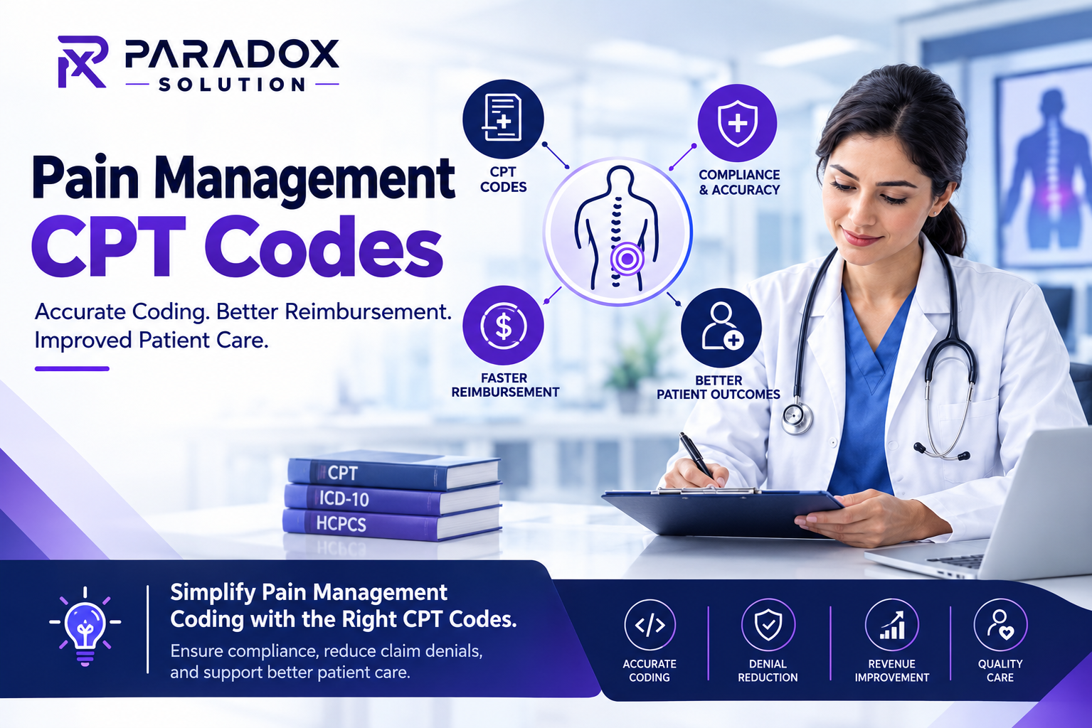 Pain Management CPT Codes guide featuring Paradox Solution branding, accurate medical coding, compliance, faster reimbursement, reduced claim denials, and improved patient care.