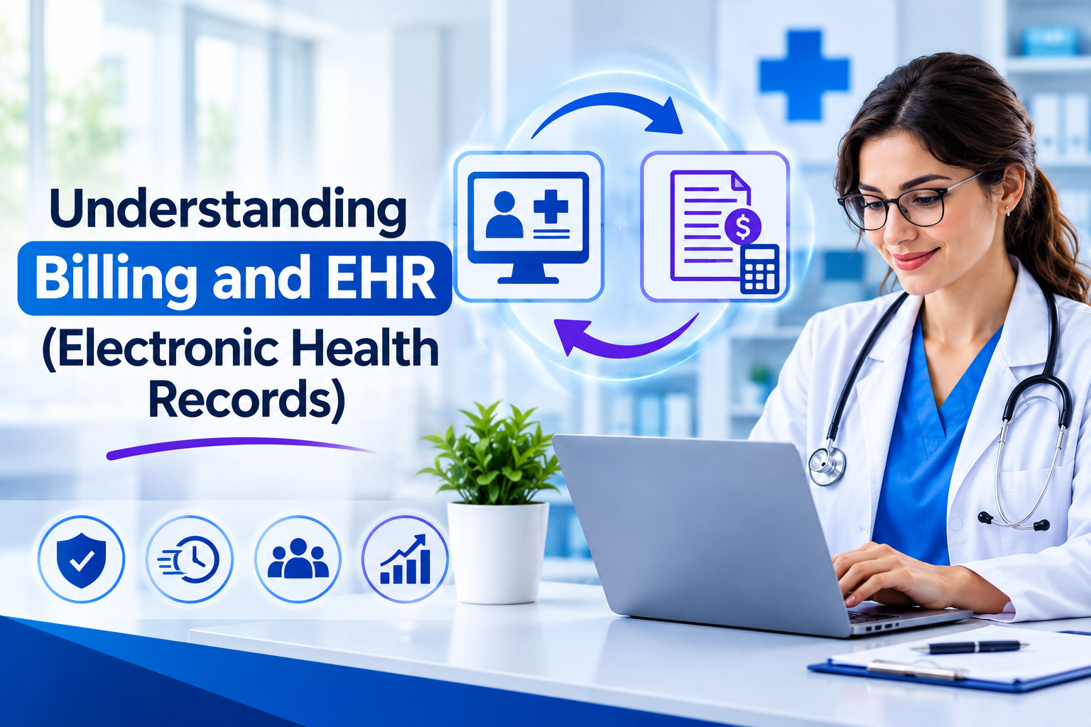 Understanding billing and EHR (Electronic Health Records) with a doctor using a laptop and illustrations of medical records and billing integration.